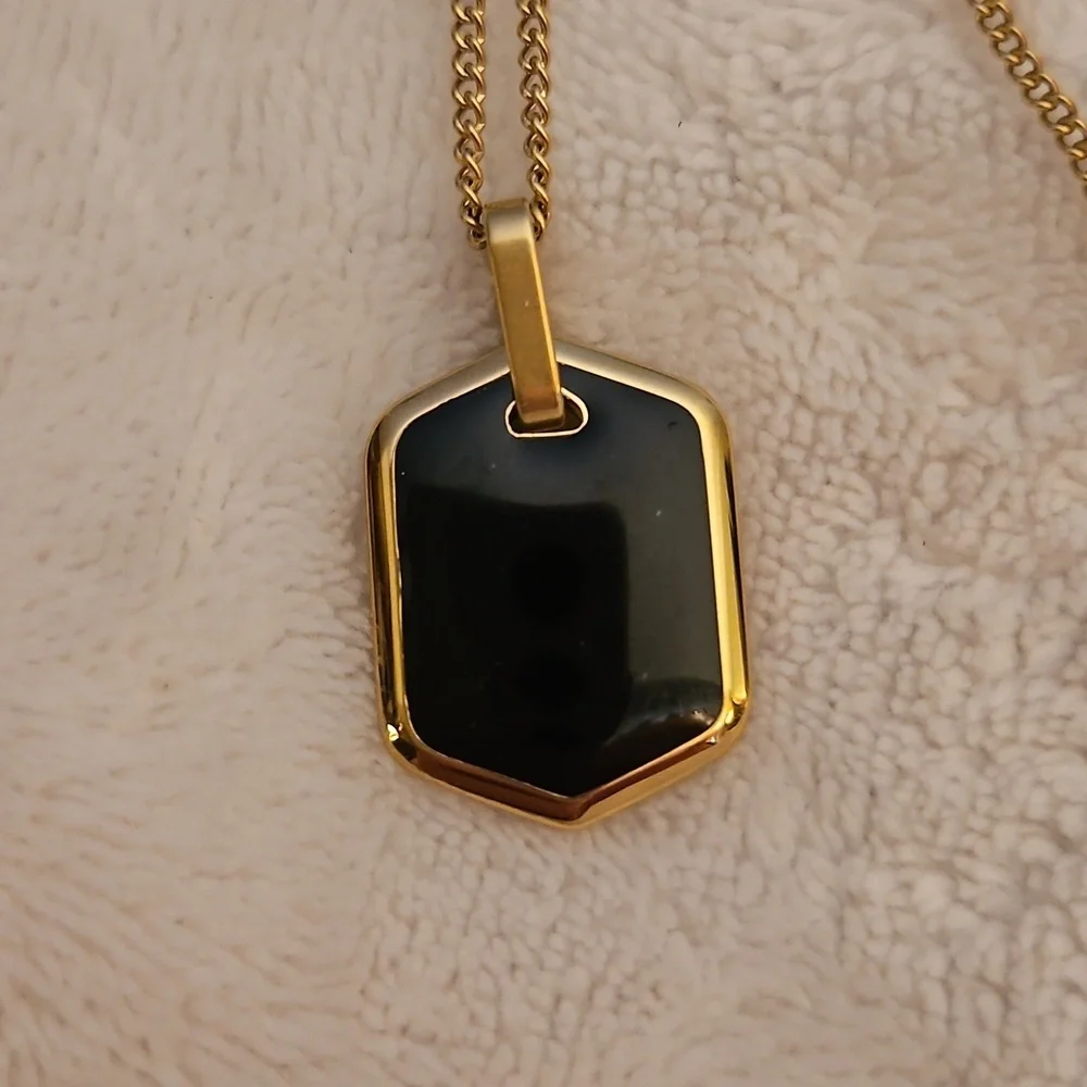 Vtg FOSSIL Unisex Engravable Black Enamel Hexagon Tag Stainless Steel Necklace
